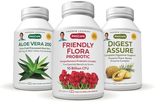 [BRSWKZAZPIFBWDDE] ANDREW LESSMAN Complete Digestion Kit – 90 Capsules – 3-Product Bundle: 30 Capsules Each of Digest Assure, Aloe Vera-200 and Friendly Flora Probiotic, for Targeted Support to The Digestive System