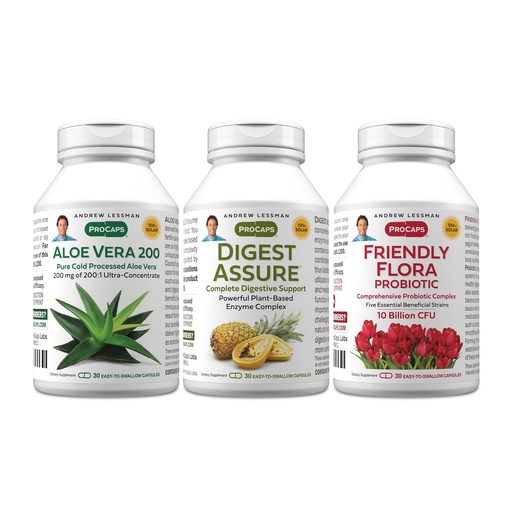 [BRSWKZAZPIFBWDDE] ANDREW LESSMAN Complete Digestion Kit – 90 Capsules – 3-Product Bundle: 30 Capsules Each of Digest Assure, Aloe Vera-200 and Friendly Flora Probiotic, for Targeted Support to the Digestive System