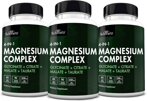 [BRSRAGIFCICGAFDU] BioSchwartz Magnesium Complex Supplement (3 Pack) 350mg Magnesium Glycinate Citrate Malate och Taurate Per Servering för friska nervmuskler Hjärtsömnstöd (Vegan, Gluten-Free, Non-GMO)