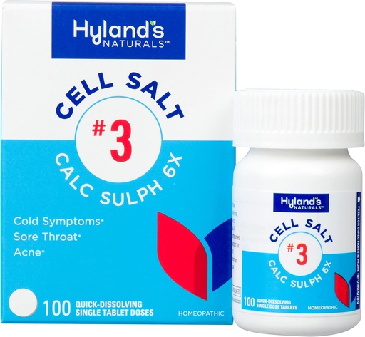 [BRSRMEDQCQFBUDQ4] Hyland's Cell Salt No. 3 Calc Sulph 6X Tablets, Kaltes Relief, Natürliches homöopathisches Relief von Kalten, Sore Throat, Akne, Schnellauflösende Tabletten, 100 Zähler