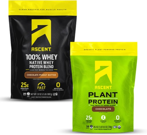 [BRSROFIBOENWMFI2] Ascent Whey + Plant Protein Powder - Chocolate Peanut Butter 2 lb & Chocolate 18 Servings