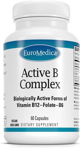 [BRSWIZLROYDQEHQ5] EuroMedica Active B Complex - Добавка за помощ Heart Health с Bioactive B Витамини - Доплащане с Folate & Calcium - B Complex капсули за помощ на нервната система Здраве и Функция - 60 капсули
