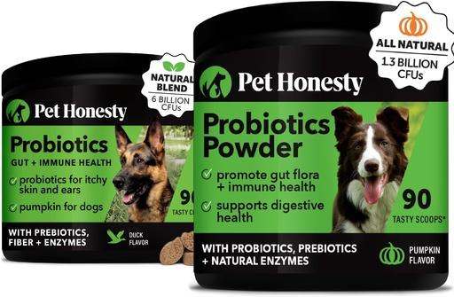 [BRSRAEITDIIAIA3P] Probiotics Bundle: Dog Probiotics for Diarrhea & Bowel Support Chews & Powder with Digestive Enzymes for Gut Health (Duck 90 ct)