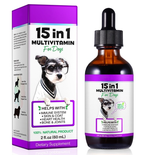 [BRSRAHQ6DMIQAEI2] Dog Multivitamin Liquid - 15 in 1 Dog Vitamins Multivitamin, Support Skin & Coat, Heart, Bones and Joint Health, Pet Vitamins and Supplements (2 Fl Oz)
