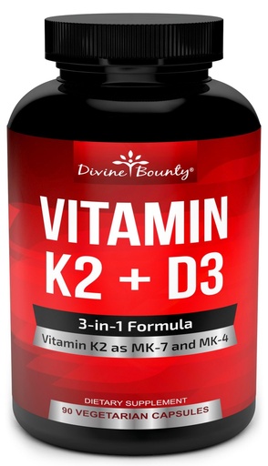 [BRSWGHQOCUHQMHQ4] Divine Bounty Vitamin K2 (MK7 & MK4) with D3 Supplement - Vitamin K & D as MK-7 100mcg, MK-4 500mcg, and 5000 IU Vitamin D3 3-in-1 Formula - Bone and Heart Support - 90 Non-GMO Vegetarian Capsules