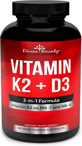 [BRSWGHQOCUHQMHQ4] Vitamin K2 (MK7 & MK4) med D3 Supplement - Vitamin K & D som MK- 7 100mcg, MK-4 500mcg, og 5000 IE Vitamin D3 3- in-1 Formel - Bone og Heart Support - 90 Non-GMO vegetariske kapsler