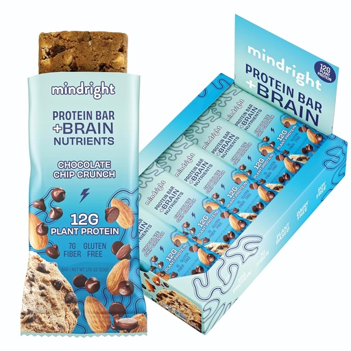 [BRSROCAROQOQA23K] Mindright Superfood Vegan Protein Bar - Gluten Free, Non-Gmo, Low Sugar - Brain Food Snack to Enhance Mood, Energy, and Focus - Pack of 12 (Chocolate Chip Crunch)