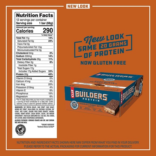 [BRSWIZYTBMAGK2AV] CLIF BUILDERS - Protein Bars - Chocolate Peanut Butter Flavor - 20g Protein (2.4 Ounce, 12 Count) (Now Gluten Free)