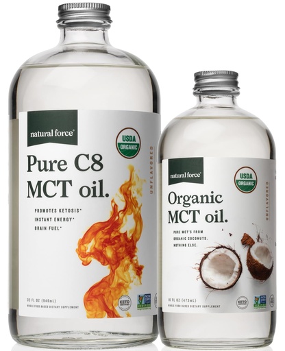 [BRSWYHQNDF5GY2TD] Natural Force Organic Pure C8 + Organic Full Spectrum MCT Oil – USDA Organic, Non GMO, 100% Pure Coconut MCTs – Keto, Paleo, Vegan, and Kosher – 32 Oz & 16 Oz Glass Bottles