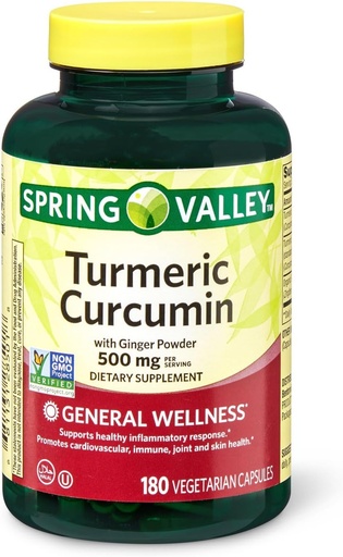 [BRSWG2YTAECBECDX] Spring Valley Turmeric Curcumin 500mg with 50mg Ginger Powder Twin Pack 180 Vegetarian Capsules