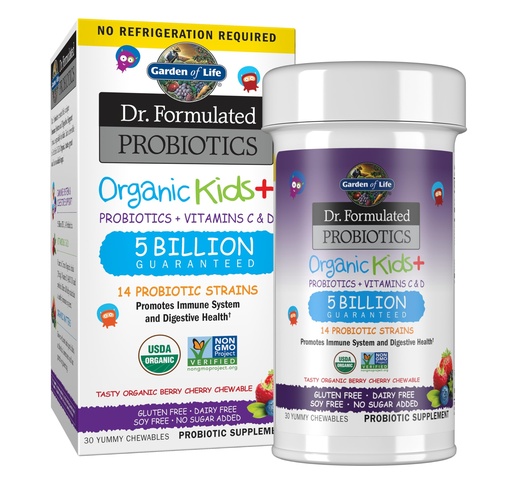 [BRSWGZQDB4CWCET6] Garden of Life Dr. Formulated Probiotics Organic Kids+ plus Vitamin C & D - Berry Cherry - Gluten, Dairy & Soy Free Immune & Digestive Health Supplement, No Added Sugar, 30 Chewables (Shelf Stable)
