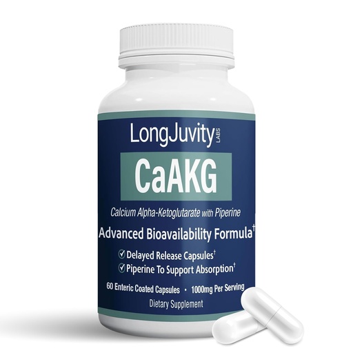 [BRSW2BAOPMMBYEIY] LongJuvity Calcium Alpha-Ketoglutarate Time Release AKG Supplement (1,000mg Per Serving) - Gut Health, Bone Health, Anti Aging & Longevity - Independently Lab Tested (60 Enteric Coated Capsules)
