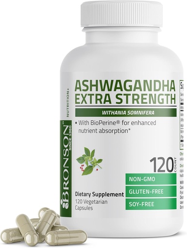 [BRSWYAI6BZ6GKFL2] Bronson Ashwagandha Extra Strength Stress & Mood Support with BioPerine - Non GMO Formula, 120 Vegetarian Capsules
