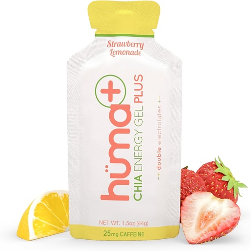 [BRSWKFYCAAGA223E] Huma Plus (Double Electrolytes) - Chia Energy Gel, Strawberry Lemonade, 24 Gels, 25mg Caffeine - Stomach Friendly, Real Food Energy Gels