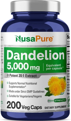 [BRSRAY37OIBW2DT5] NusaPure Dandelion Root 20:1 Extract, 250 mg Equivalent to 5000mg 200 Veg Capsules (Vegan, Non-GMO)