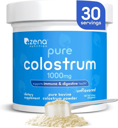 [BRSRABT5BUBAY3Y2] Zena Nutrition Bovine Colostrum Powder Supplement, 1000mg Pure Colostrum, Supporta la salute immunitaria e digestiva, Promuove la salute del fegato, Keto, Gluten Free, Grass Fed, Senza aroma, 30 Serve