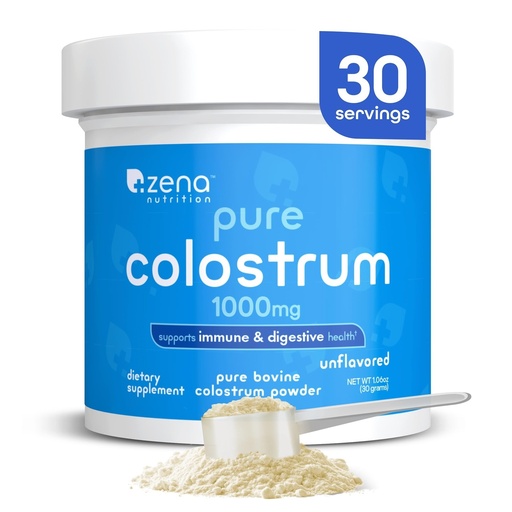 [BRSRABT5BUBAY3Y2] Zena Nutrition Bovine Colostrum Powder Supplement, 1000mg Pure Colostrum, Supports Immune and Digestive Health, Promotes Gut Health, Keto, Gluten Free, Fat Free, Grass Fed, Unflavored, 30 Servings