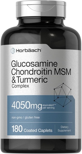 [BRSWGBAFCV5A4HLJ] Horbäach Glucosamine Chondroitin MSM | 4050 mg | 180 Caplets | with Turmeric | Triple Strength Formula | Non-GMO & Gluten Free Supplement
