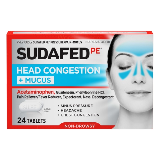 [BRSWKFYEDEFWA2TG] Sudafed PE Head Congestion Plus Mucus Relief Tablets for Sinus Pressure, Congestion and Headache, Non-Drowsy Decongestant with Acetaminophen, Guaifenesin, Phenylephrine HCI, 24 ct