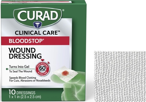 [BRSWIE32PN4A2ADM] CURAD BloodStop® Wound Dressing | 1” x 1” | Hemostatic Gauze Helps Stop Bleeding Quickly | For Cuts, Abrasions or Nosebleeds | 10 Count