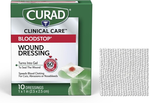[BRSWIE32PN4A2ADM] CURAD BloodStop® Wound Dressing | 1” x 1” | Hemostatic Gauze Helps Stop Bleeding Quickly | For Cuts, Abrasions or Nosebleeds | 10 Count