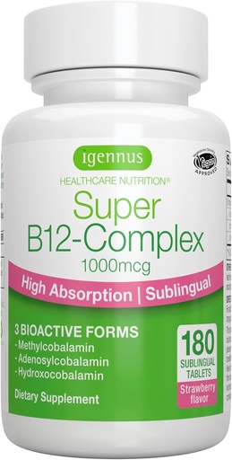 [BRSW2FL7DEGROHL5] Igennus Sublingual Vitamina B12 Complejo 1000mcg, Metilcobalamina metillaminada, Adenosylcobalamin & Hydroxocobalamin, Alta absorción &amp; Limpia, 180 Servimientos, Libre de azúcar &amp; Vegan