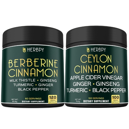 [BRSRAGAPOZ5QYGTX] Herbpy Bundle 7in1 Berberine Supplement 1010mg/serving (120 Count 60 Servings) & 6in1 Premium Ceylon Cinnamon Capsules 755mg/serving (100 Count 100 Servings)