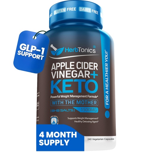 [BRSRMZARDMAWA2Q3] Herbtonics Apple Cider Vinegar + Keto BHB Capsules | GLP-1 Support for Appetite, Cravings & Weight Management | Metabolism Support with Satiety Support | 240 Capsules - 4 Month Supply