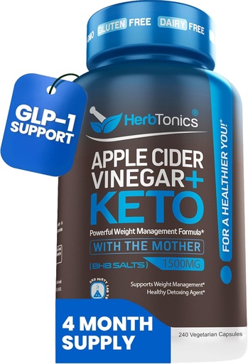 [BRSRMZARDMAWA2Q3] Vinaigre de cidre de pomme Herboronique avec sels de BHB Keto - Supplément de soutien GLP-1 pour le métabolisme et le contrôle de l'appétit, 240 capsules.