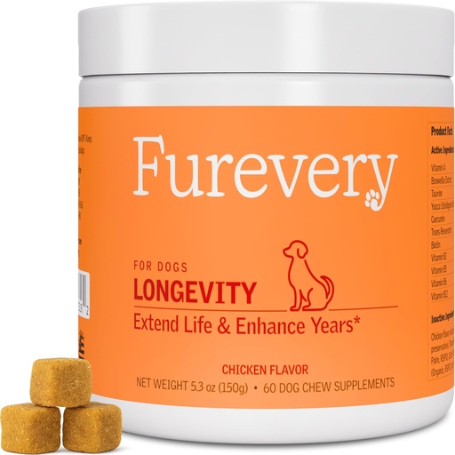 [BRSRAFL3AQBBQALP] Longevity Hond Multivitamine 11-in-1 Dagelijkse Kauwen Kip Gearomatiseerd met Vlaszaad, 60 Tellen, Ondersteunt Hip en Joint Health, Immuun System, Huid en Jas, Hart Gezondheid, Energie en vitaliteit