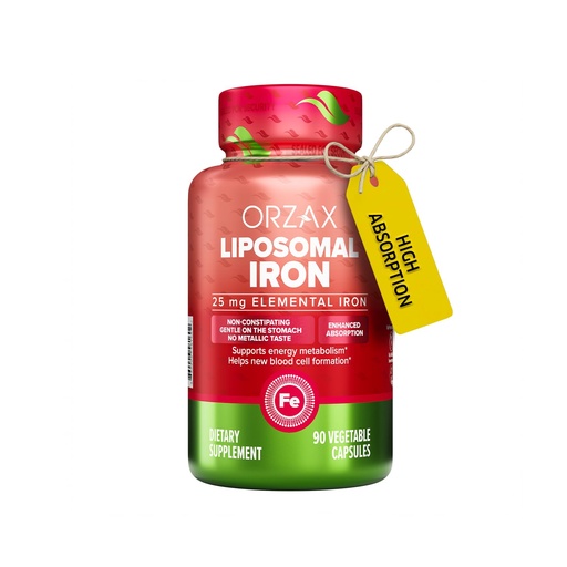 [BRSW2ZA6BB6R4FLK] ORZAX Iron Supplement 25 mg -Liposomal Technology- High Bioavailability 90 Vegetable Capsules, Helps New Blood Cell Production, Non-Constipating, Non-GMO & Gluten Free, for Women, Men, Adults