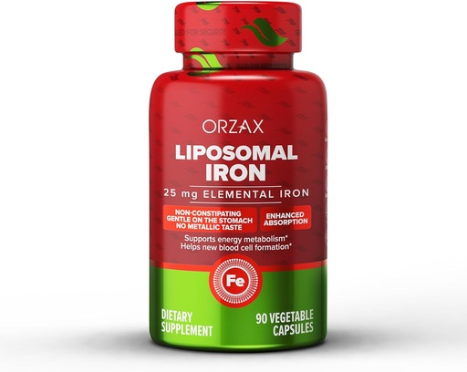 [BRSW2ZA6BB6R4FLK] ORZAX Iron Supplement 25 mg -Liposomal Technology- High Bioavailability 90 Vegetable Capsules, Helps New Blood Cell Production, Non-Constipating, Non-GMO & Gluten Free, for Women, Men, Adults