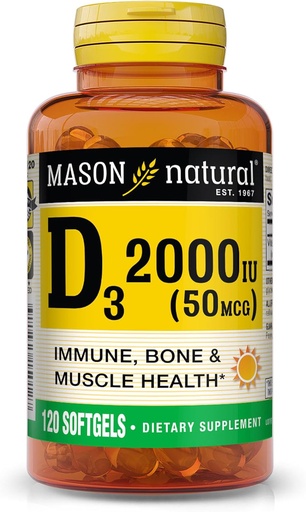 [BRSWIZ3ZBUCAMDTK] MASON NATURAL Vitamin D3 2,000 IU Ultra Güçlü, Kemik Yoğunluğu, Güçlü ve Immune Health, 120 Softgels