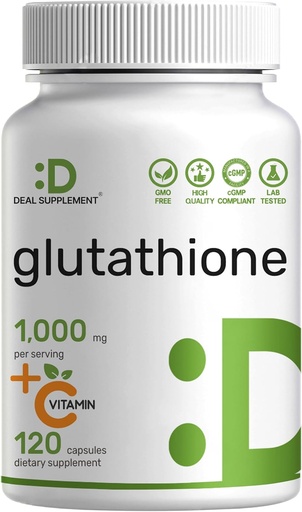 [BRSW2EANBUHRQ3AV] Suplemento de glutationa 1.000mg por serviço, 98% Pureza . Plus Vitamina C 500mg, Forma Reduzida Ativa (GSH) .. Antioxidante Intracelular – Suporta Destoxificação e Saúde Imune