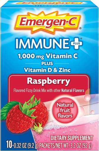 [BRSWKYQPAEEBMALC] Emergen-C Immune + vitamina C 1000mg en po, máis vitamina D e Zinc (Raspberry Flavor), Suplemento dietético suplemento dietético de suplementos inmunes Fizzy Mix, Antioxidantes e electrólitos, 0.32 Ounce (Pack of 10)