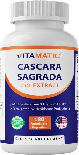 [BRSRAYYYCAHWCGY3] Vitamatic Cascara Sagrada Capsules – Senna & Psyllium Husk Botanical Extract – 25X Plant-Based Extract – All-Natural, Non-GMO, Vegan – 180 Veg Capsules