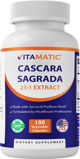 [BRSRAYYYCAHWCGY3] Vitamatic Cascara Sagrada Senna & Psyllium Husk - 180 Veg 캡슐 - 25X Potency를 농축 - 모든 자연 - 비 GMO