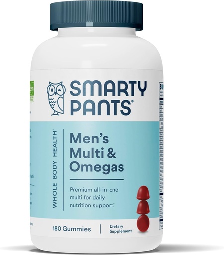 [BRSWKEDYBEMQYHTC] SmartyPants Multivitamiini miesten, Gummies: Omega 3 kalaöljy (EPA/DHA), metyylifolaatti, CoQ10, D3-vitamiini, C-vitamiini, B12, B6, A, K & Sinkki immuunitukea, Biotiini, 180 Gummies (30 päivän tarjonta)