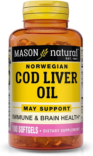 [BRSWI2QPAABQC33G] MASON NATURAL Cod májolaj Plus A-vitamin & D3 - Egészséges szív és agy funkció, Jobb immunitás, Támogatja az általános egészség, 100 Softgels