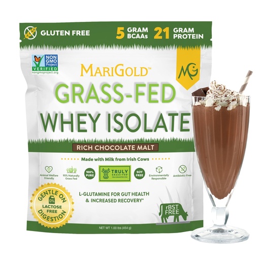 [BRSW2ZI2PMGQAGY7] MariGold Grass-fed Whey Protein Isolate Powder - Rich Chocolate Malt Flavor - 1 Lb | 100% Pure, Cold-Processed, Micro-Filtered, Undenatured, Non-GMO, rBGH Free, Soy Free, Gluten Free, Lactose Free