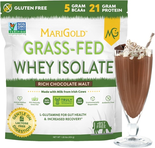 [BRSW2ZI2PMGQAGY7] MariGold Grass-fed Whey Protein Isolate Powder - Rich Chocolate Malt Flavor - 1 Lb | 100% Pure, Cold-Processed, Micro-Filtered, Undenatured, Non-GMO, rBGH Free, Soy Free, Gluten Free, Lactose Free