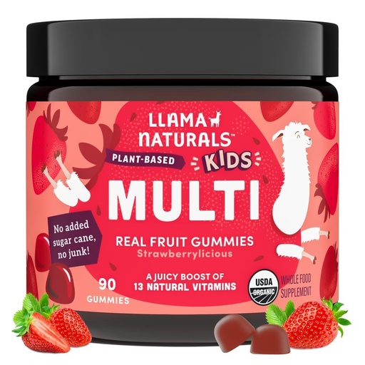 [BRSWGAQLOV6GGCT2] Llama Naturals Kids Multivitamin Gummies | Real Fruit, No Added Sugar Cane | Organic Vegan Toddler Whole Food Vitamins | Vitamin D, C & Beta Carotene Gummy Supplement | Strawberry 90 Ct (1-2 Months)
