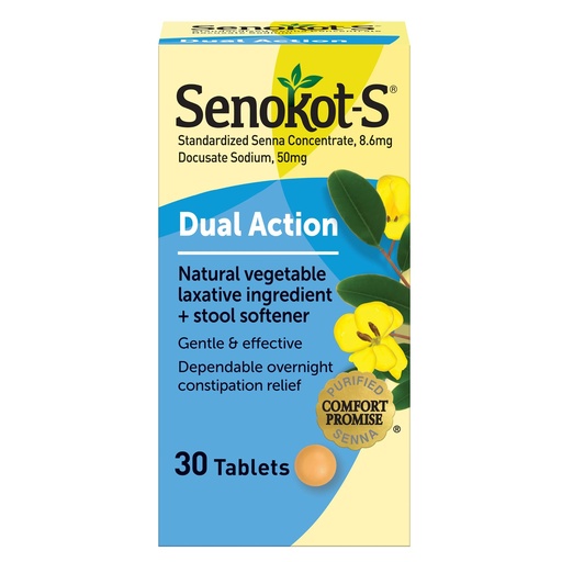 [BRSWIYINOADBE334] Senokot-S Dual Action Natural Vegetable Laxative Ingredient Plus Stool Softener Tablets, Docusate Sodium, Senna Concentrate, Gentle, Overnight Relief From Occasional Constipation, 30 ct