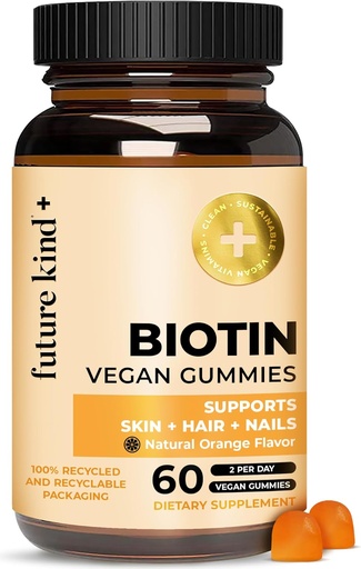 [BRSRMZALCBYRUFA3] Futuro Kind Vegan Biotin Gummies (60ct) - Vitaminas de Biotina para la piel del cabello y uñas con VIT A, C, &amp; E - Piel vegano y uñas Vitaminas para Hombres de Mujeres - Orange Flavored Biotina Crecimiento del cabello Vitaminas