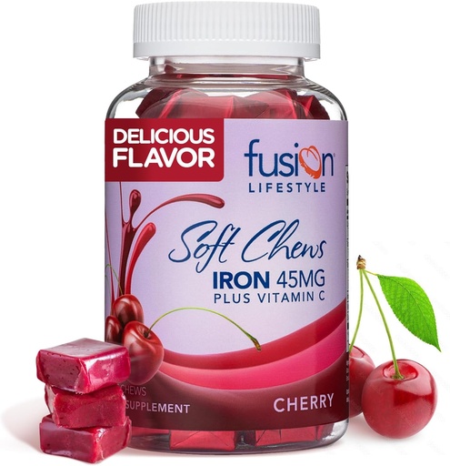 [BRSWGGAEA4IBSFL6] Chewable Iron Supplement for Women & Men - Cherry Flavor, Iron Vitamin C Soft Chew for Max Absorption, Iron as Ferrous Fumarate, Ideal for Anemia and Iron Deficiency, 2 Month Supply