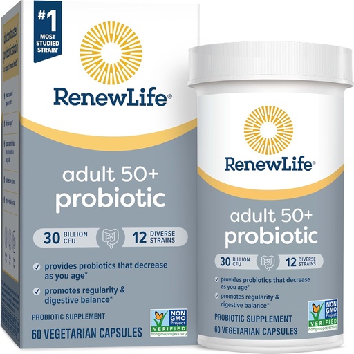 [BRSWIZT3B54RAFLC] Renew Life Probiotic Adult 50 Plus Probiotic Capsules, Daily Supplement Supports Urinary, Digestive and Immune Health, L. Rhamnosus GG, Dairy, Soy and gluten-free, 30 Billion CFU, 60 Count