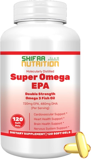 [BRSRM2QYCMIQAYA4] SHIFAA NUTRITION Halal Fish Oil Softgels 120 Ct, Dublu Putere - Halal Omega 3 Suplimente de ulei de pește. Prins, nepurificat GMO