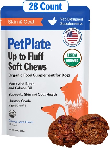 [BRSROYYDBZ6B6H32] PetPlate Up to Fluff Soft Chews for Dogs, Skin & Coat Support, USDA Organic Supplement, Grain-Free, Human-Grade, Includes Salmon Oil and Biotin, Pet Supplies (Pack of 1, 9.8 Ounce)