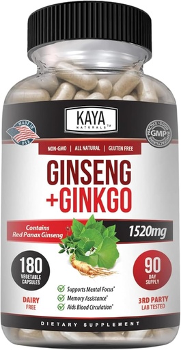 [BRSRAYAHO4HGCD3V] Kaya Naturals Red Panax Ginseng + Ginkgo Biloba - Nootropic Brain Supplement - Cognitive and Concentration Support - Brain Booster, Focus, and Memory Supplement - 180 Capsules