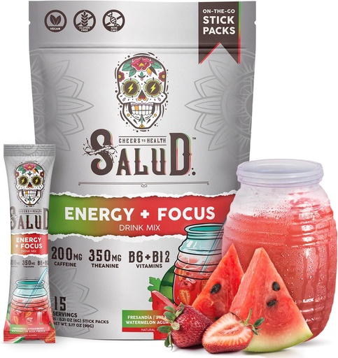 [BRSRMGI7BAARO3Q7] Salud 2-i-1 energi drikke pulver + fokus, Jordbær vannmelon, organisk kaffe, B6 + B12, teanin, ren energi drikke pakker, Fresandia Agua Fresca blanding, ikke-GMO, Glutenfri, Vegan, 1 g sukker, (15 serveringer)